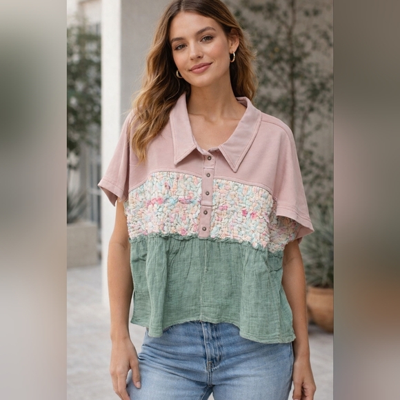 Oli & Hali Tops - #1231 Oli & Hali BlushHorizon Mixed Media Top